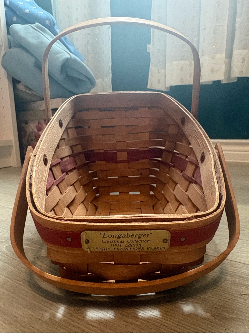 Longaberger Natural Wood Basket with Red Trim and Double Handles